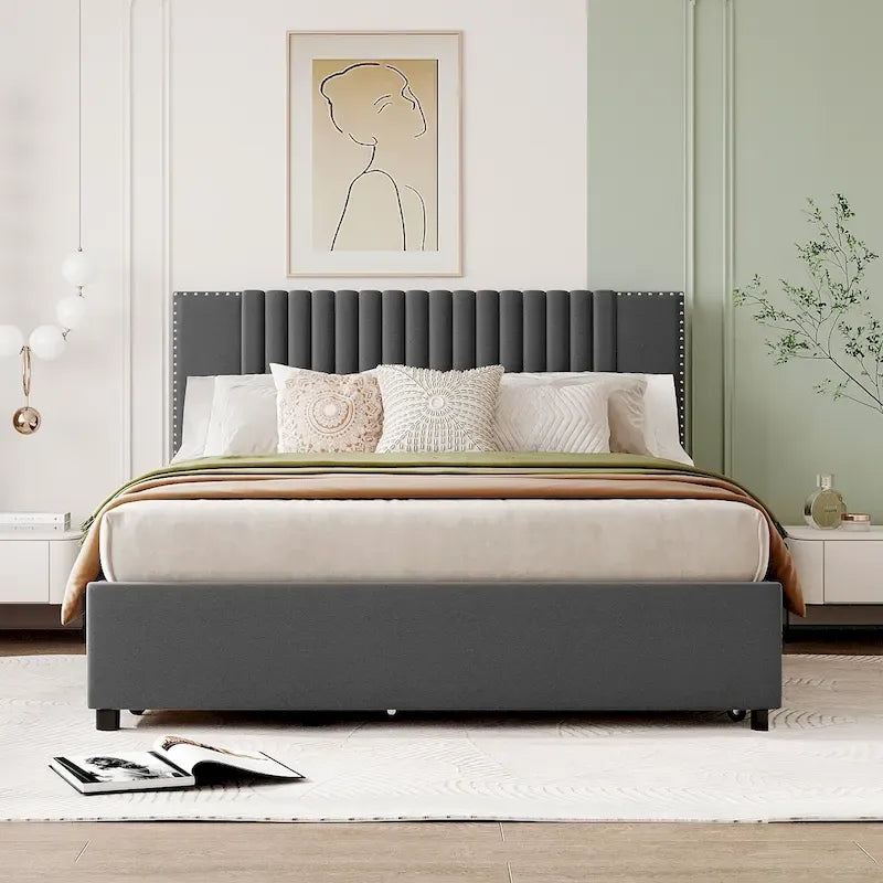 Linen Upholstered Platform Bed Vertical Lines Headboard with Nailhead Trim, Wood Panel Bed Frame 2 Drawers & Trundle Bed