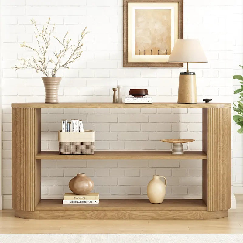 Versatile Slim Console Table with Open Shelf and Stylish Wood Grain for Living Room