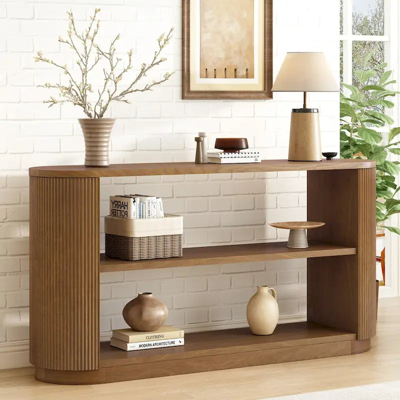 Versatile Slim Console Table with Open Shelf and Stylish Wood Grain for Living Room