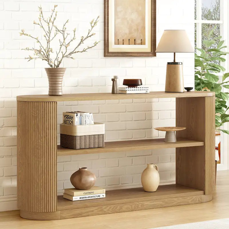 Versatile Slim Console Table with Open Shelf and Stylish Wood Grain for Living Room