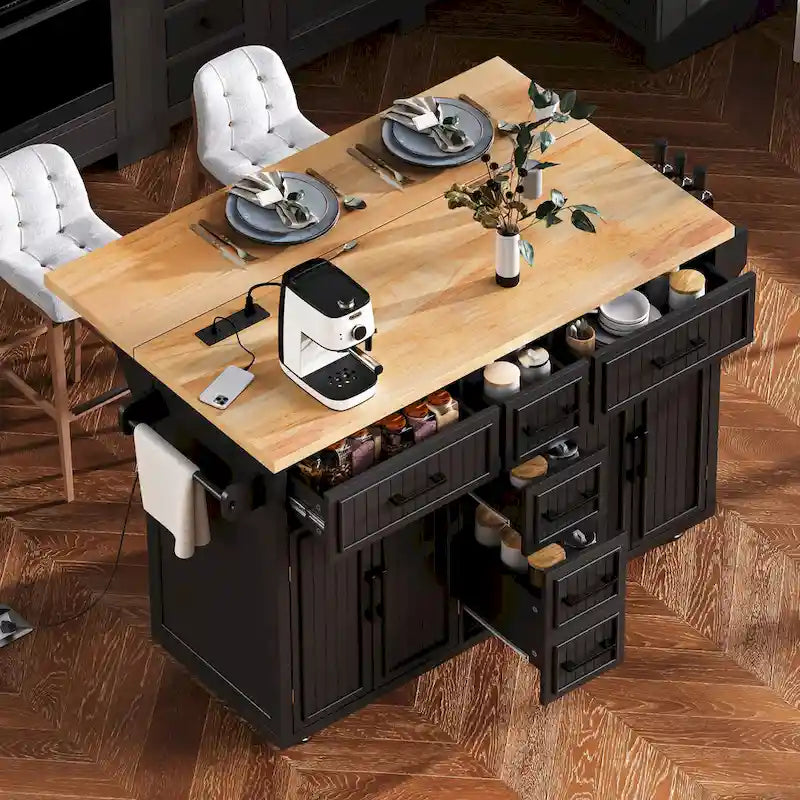 Kitchen Storage Island on Wheels with Drop Leaf & Power Outlet, 56.5 Kitchen Island with 4 Doors , 5 Deep Drawers