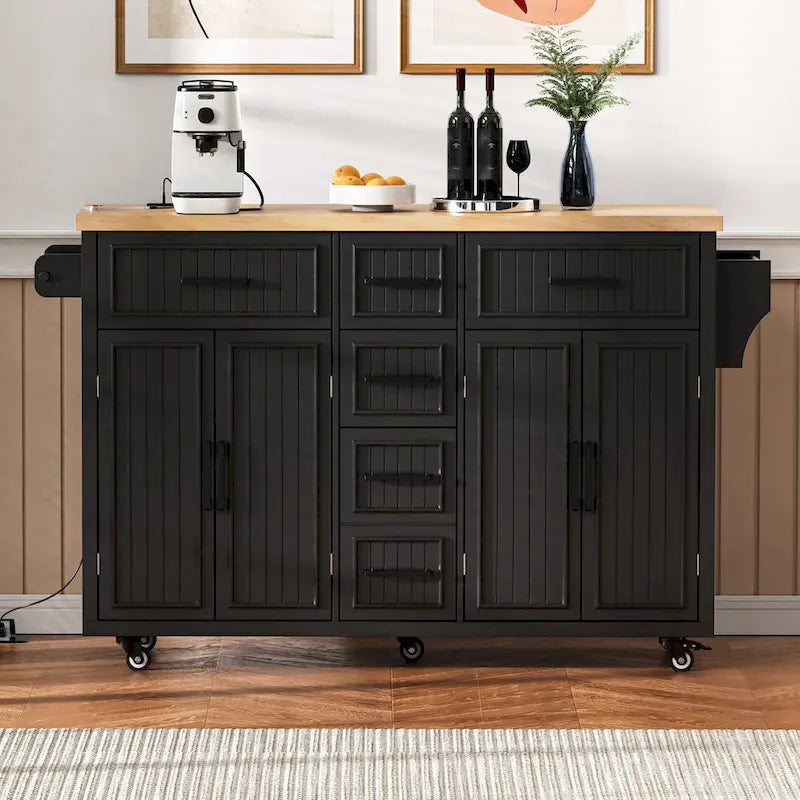 Kitchen Storage Island on Wheels with Drop Leaf & Power Outlet, 56.5 Kitchen Island with 4 Doors , 5 Deep Drawers