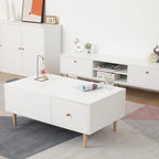 Meuble TV minimaliste blanc crème avec 2 armoires de rangement et 4 pieds en bois massif pour salon, home cinéma ou appartement