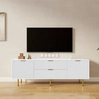Meuble TV moderne blanc chaud avec 2 armoires de rangement et 2 tiroirs à fermeture douce pour appartements et salons