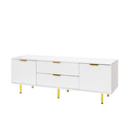 Meuble TV moderne blanc chaud avec 2 armoires de rangement et 2 tiroirs à fermeture douce pour appartements et salons