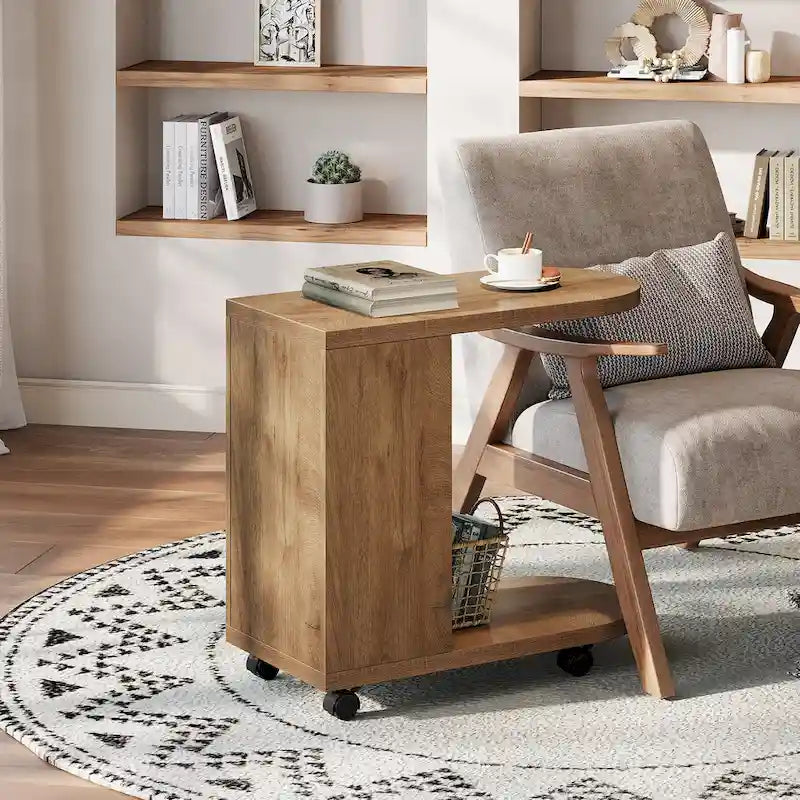 C Shaped Sofa Side Table, Mobile End Table with Storage