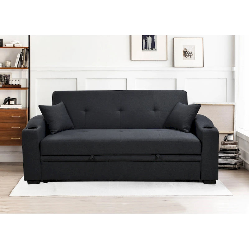 Roomfitters 75 Inch 3 in 1 Convertible Modern Sofa with Convenient Pull Out Bed, Reclining Backrest, Cup Holders, Pillows