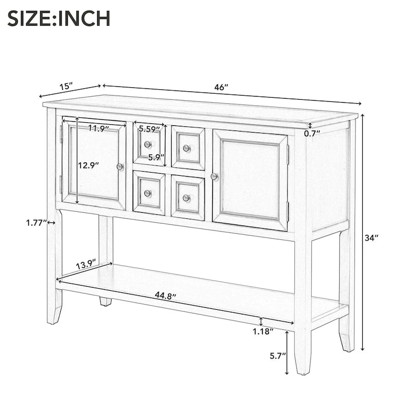 Buffet console de table blanc à 4 tiroirs avec étagère inférieure