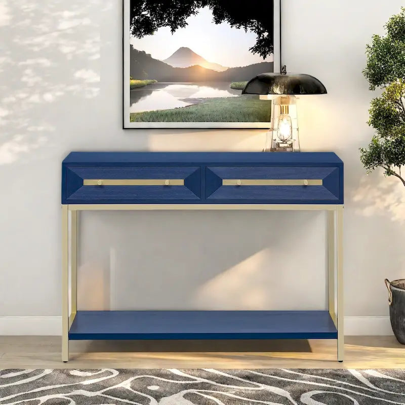Console rétro en MDF de 45,5 po avec accents dorés, 2 tiroirs de rangement et design géométrique
