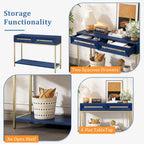 45.5 MDF Retro Console Table with Gold Accents, 2 Storage Drawers and Geometric Design