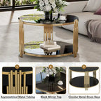 Table basse en verre trempé de 31,5 po avec motif métallique asymétrique et étagère inférieure