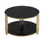 Table basse en verre trempé de 31,5 po avec motif métallique asymétrique et étagère inférieure