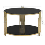 Table basse en verre trempé de 31,5 po avec motif métallique asymétrique et étagère inférieure