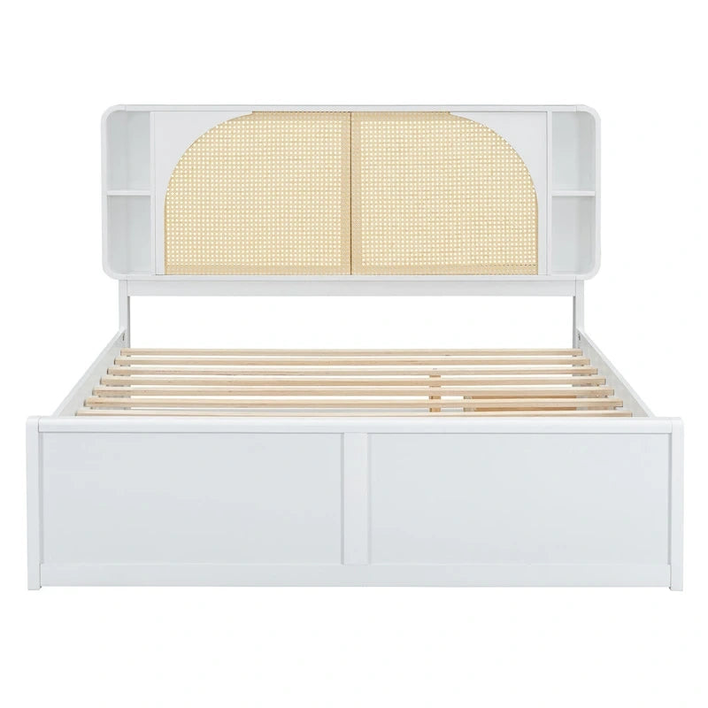 White Queen Size Platform Bed with Rattan Headboard,Two Drawers and Trundle
