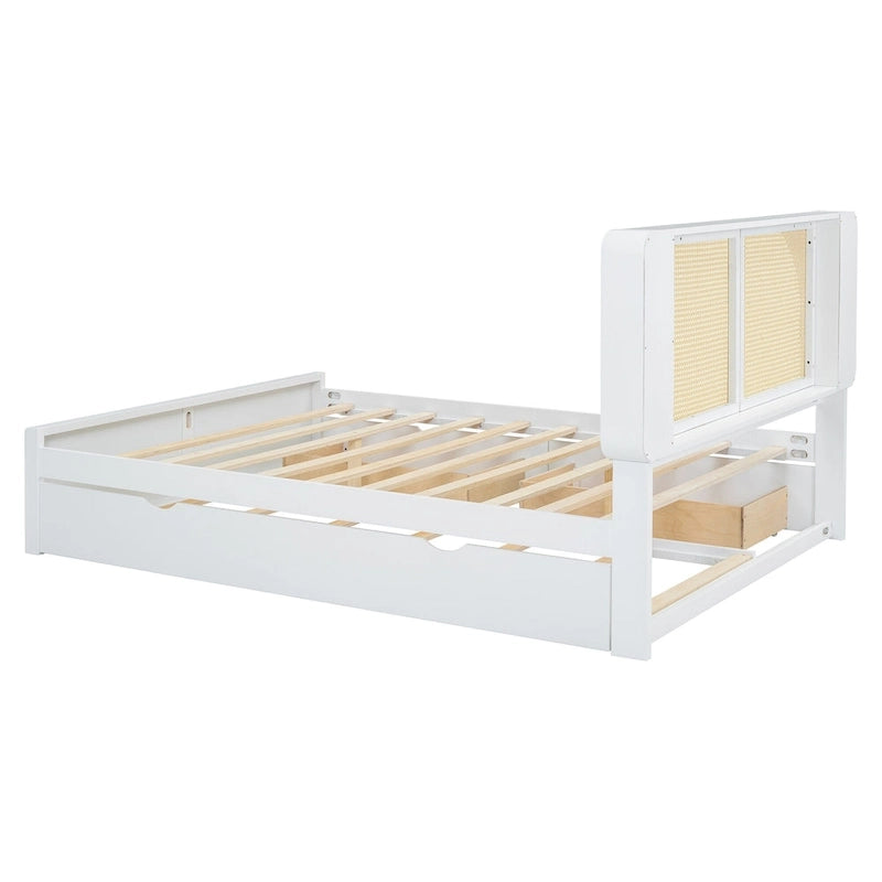 White Queen Size Platform Bed with Rattan Headboard,Two Drawers and Trundle