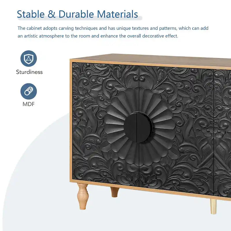 63 Accent TV Stand with Carved Doors & Wood Legs for Living Room