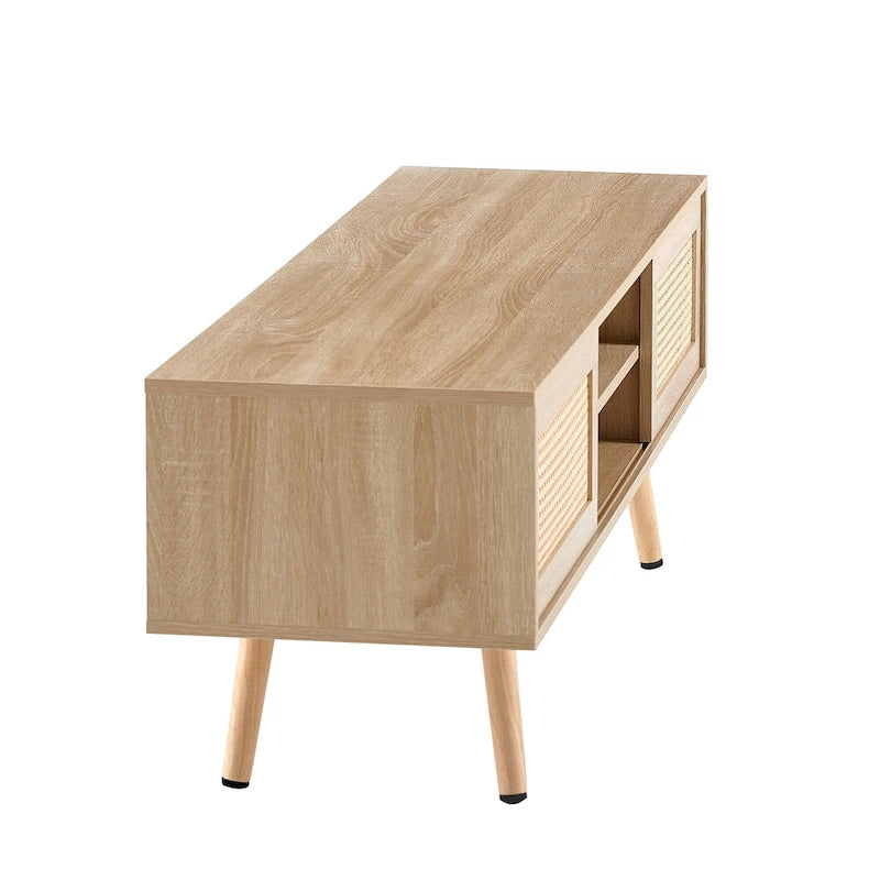 55.12 TV Stand with Double Sliding Doors, Solid Wood Legs and Adjustable Shelf for Living Room