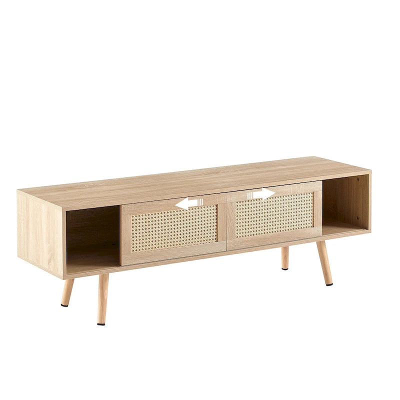 55.12 TV Stand with Double Sliding Doors, Solid Wood Legs and Adjustable Shelf for Living Room