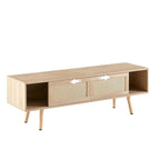 55.12 TV Stand with Double Sliding Doors, Solid Wood Legs and Adjustable Shelf for Living Room