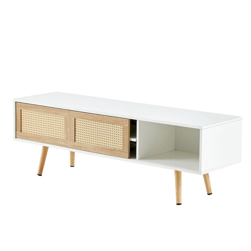55.12 TV Stand with Double Sliding Doors, Solid Wood Legs and Adjustable Shelf for Living Room