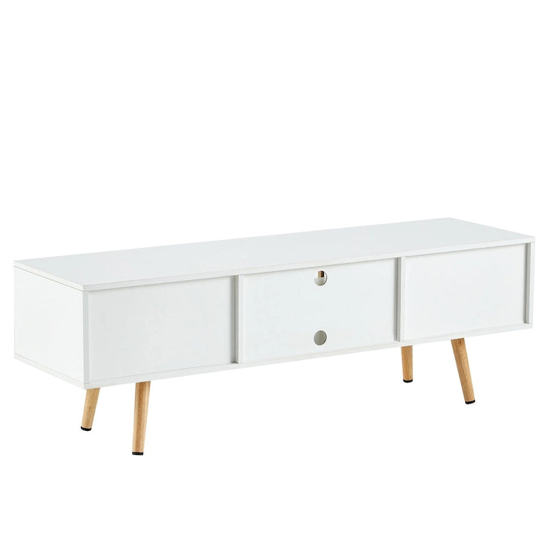 55.12 TV Stand with Double Sliding Doors, Solid Wood Legs and Adjustable Shelf for Living Room