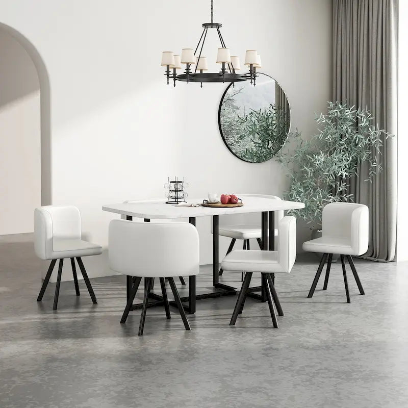 Modern 7-Piece Dining Set with Rectangular Marble Table & 6 Upholstered Chairs