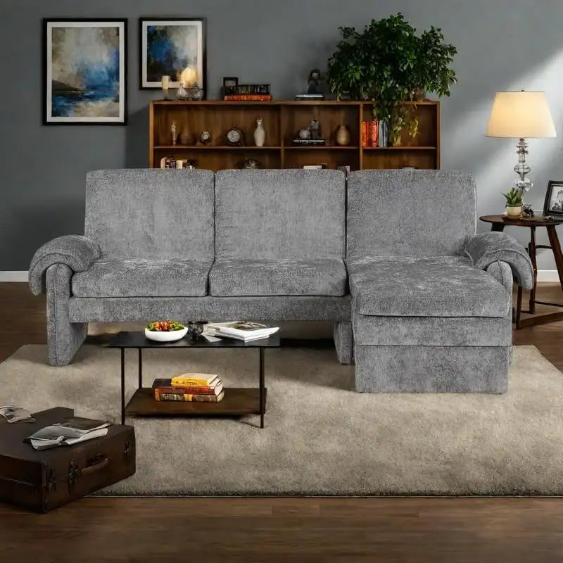 94.1 Canapé Futon en Chenille en Forme de L avec Dossier Réglable et Méridienne Réversible