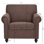 Fauteuil d'appoint marron moderne de 95 cm, rembourré, avec cadre en bois massif et clous décoratifs, pour salon