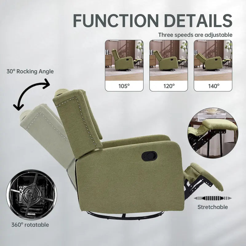 Olive Green Linen 360 Swivel Glider Rocker Manual Recliner with Button-tufted Backrest and Footrest for Living Room, Bedroom