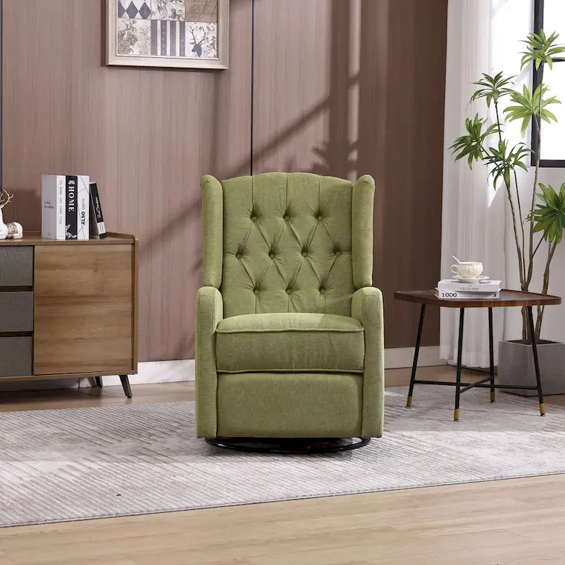 Olive Green Linen 360 Swivel Glider Rocker Manual Recliner with Button-tufted Backrest and Footrest for Living Room, Bedroom