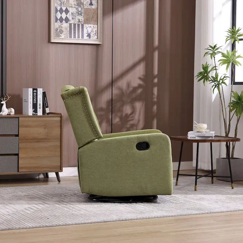 Olive Green Linen 360 Swivel Glider Rocker Manual Recliner with Button-tufted Backrest and Footrest for Living Room, Bedroom