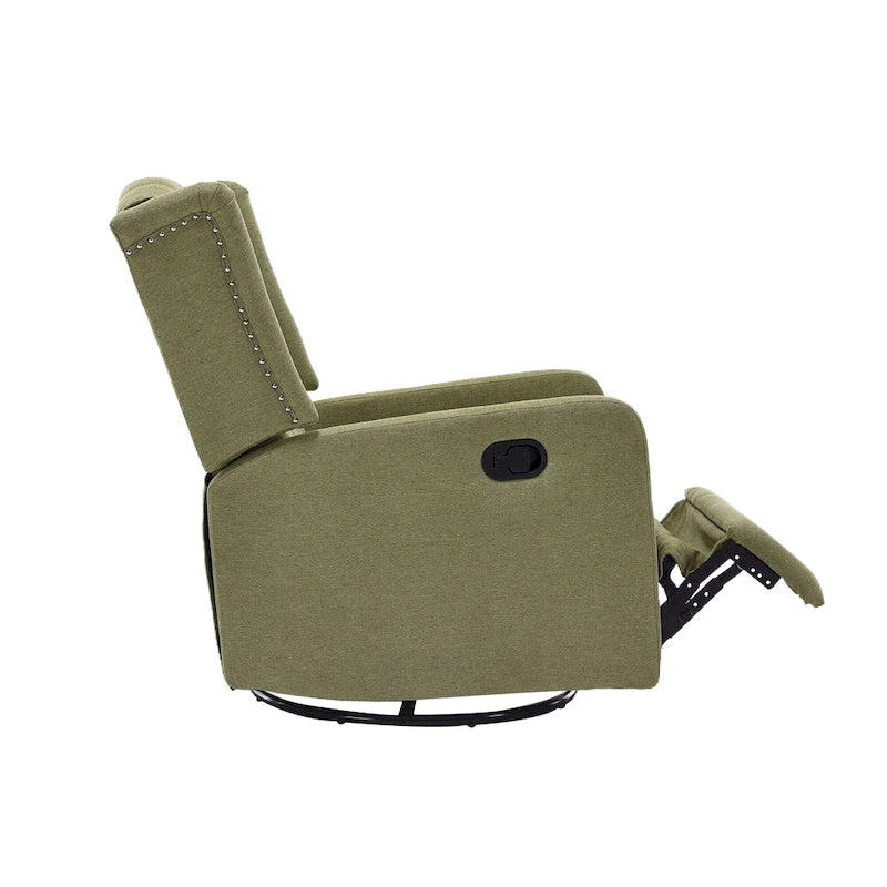 Olive Green Linen 360 Swivel Glider Rocker Manual Recliner with Button-tufted Backrest and Footrest for Living Room, Bedroom
