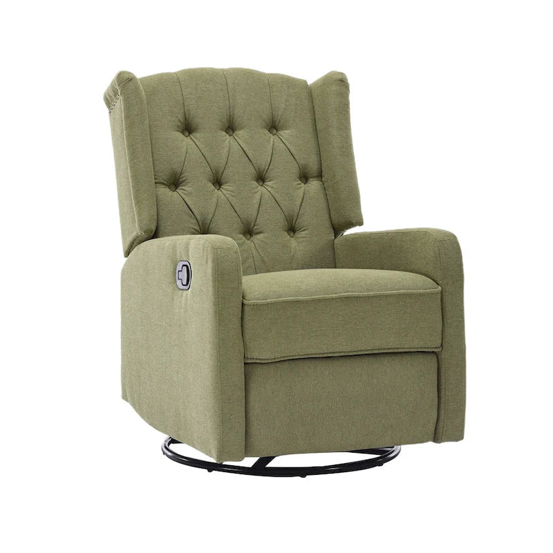 Olive Green Linen 360 Swivel Glider Rocker Manual Recliner with Button-tufted Backrest and Footrest for Living Room, Bedroom