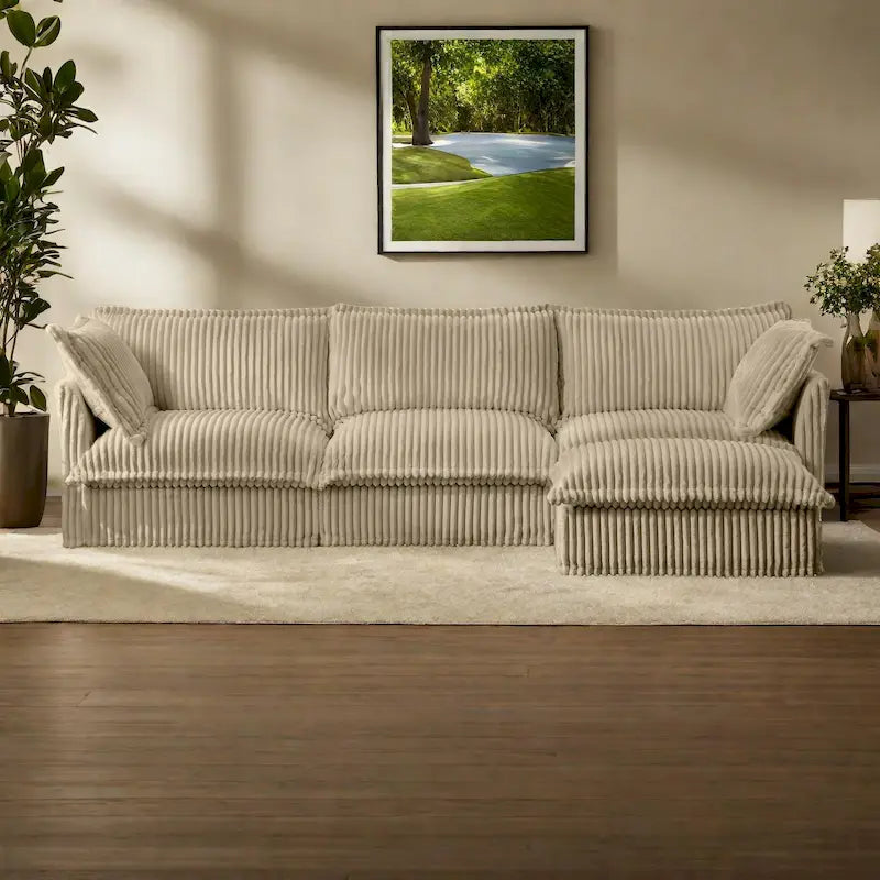 Corduroy Slipcovered 3-Seater Armless Sectional Sofa with Reversible Ottoman, Free Combination Design, and Removable Covers