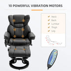 Black Faux Leather 360 Swivel Manual Recliner Set with Ottoman, 10 Vibration Massage Points, Side Pocket