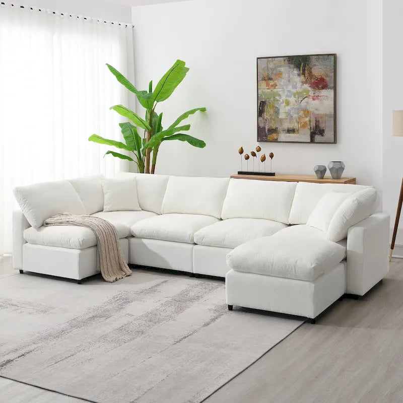 Canapé d'angle modulable 6 places convertible en forme de U Cloud en chenille beige 130