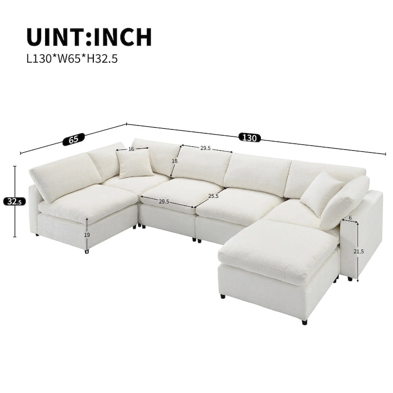 Canapé d'angle modulable 6 places convertible en forme de U Cloud en chenille beige 130