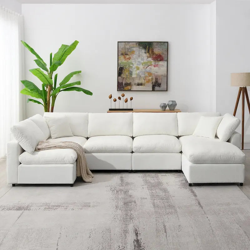Canapé d'angle modulable 6 places convertible en forme de U Cloud en chenille beige 130
