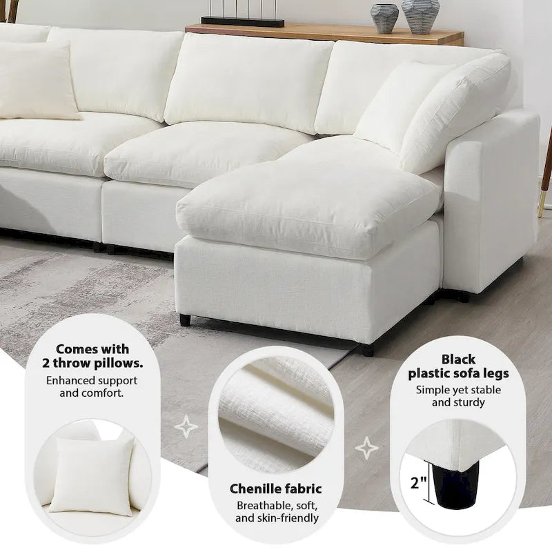 Canapé d'angle modulable 6 places convertible en forme de U Cloud en chenille beige 130