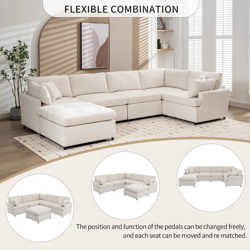 Canapé sectionnel spacieux en U de 255 cm à 6 places avec ottomans et oreillers amovibles, configuration flexible