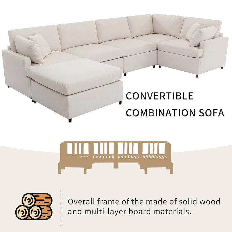 Canapé sectionnel spacieux en U de 255 cm à 6 places avec ottomans et oreillers amovibles, configuration flexible