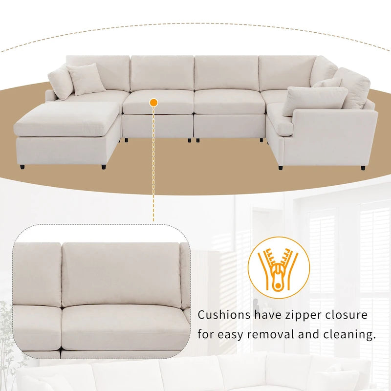 Canapé sectionnel spacieux en U de 255 cm à 6 places avec ottomans et oreillers amovibles, configuration flexible