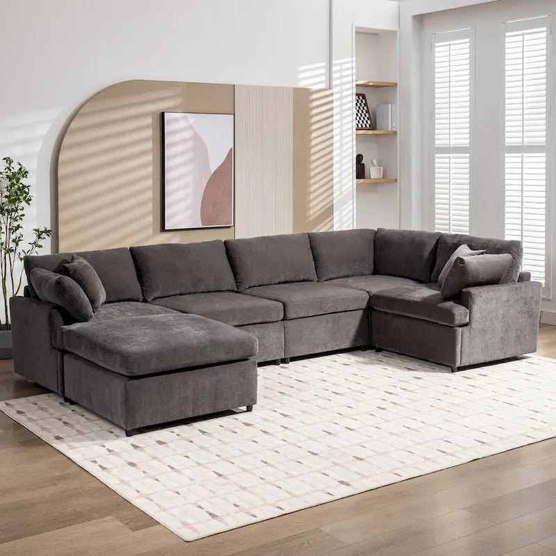 Canapé sectionnel spacieux en U de 255 cm à 6 places avec ottomans et oreillers amovibles, configuration flexible