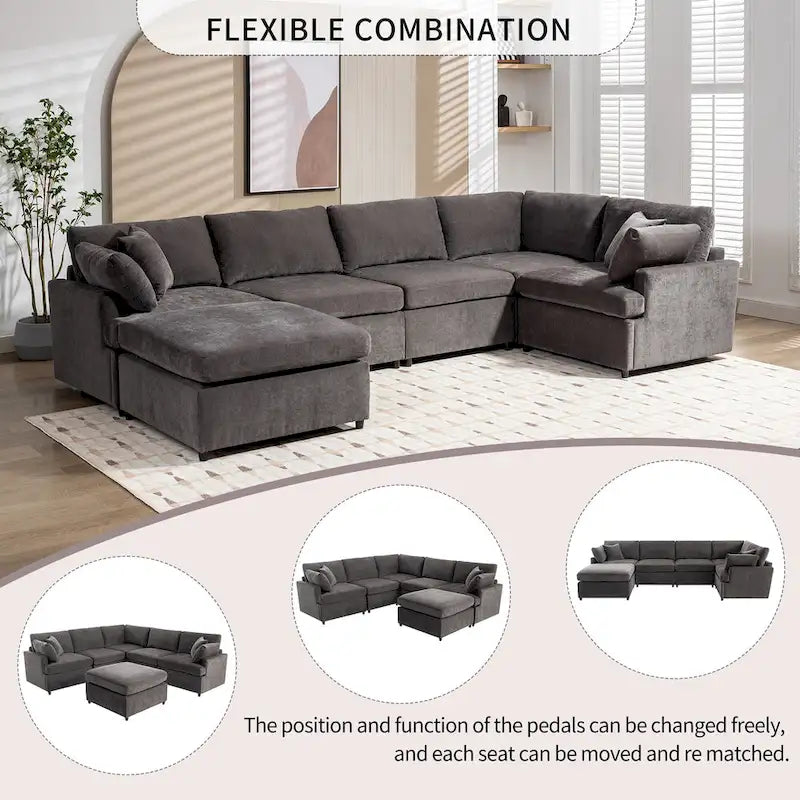 Canapé sectionnel spacieux en U de 255 cm à 6 places avec ottomans et oreillers amovibles, configuration flexible