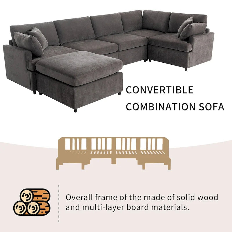 Canapé sectionnel spacieux en U de 255 cm à 6 places avec ottomans et oreillers amovibles, configuration flexible