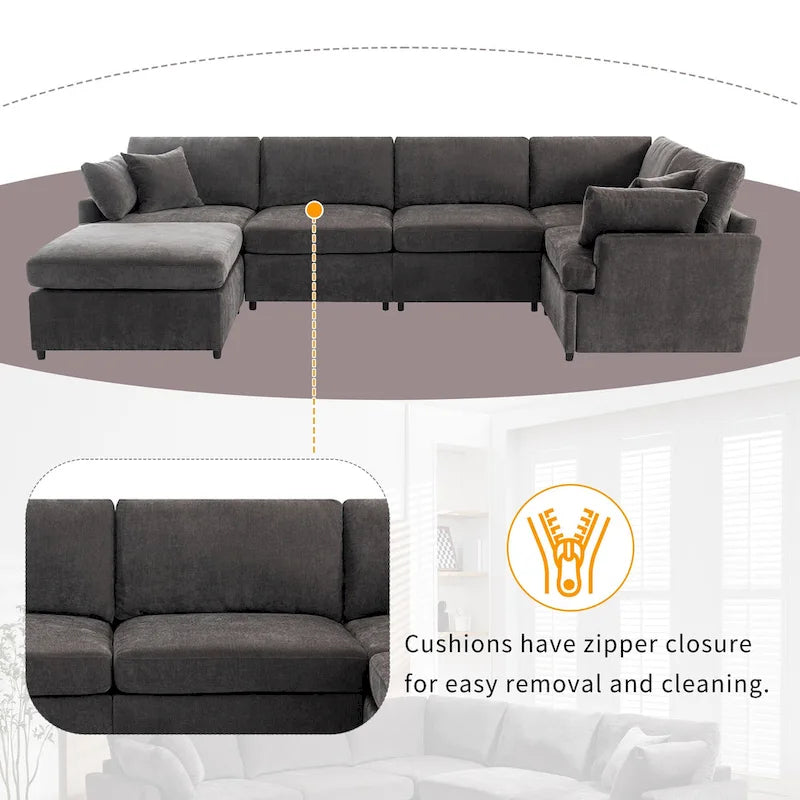 Canapé sectionnel spacieux en U de 255 cm à 6 places avec ottomans et oreillers amovibles, configuration flexible