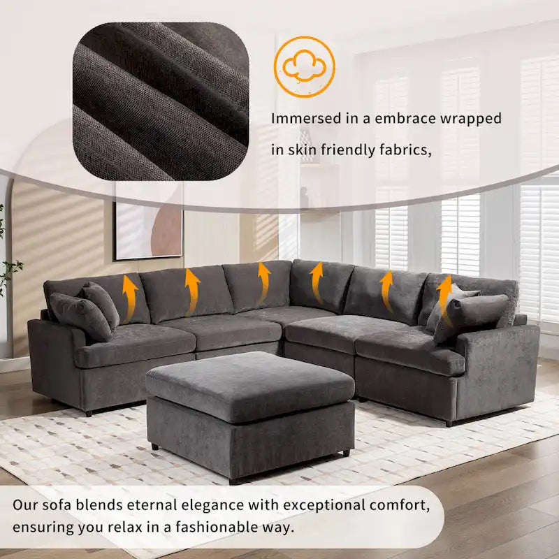 Canapé sectionnel spacieux en U de 255 cm à 6 places avec ottomans et oreillers amovibles, configuration flexible
