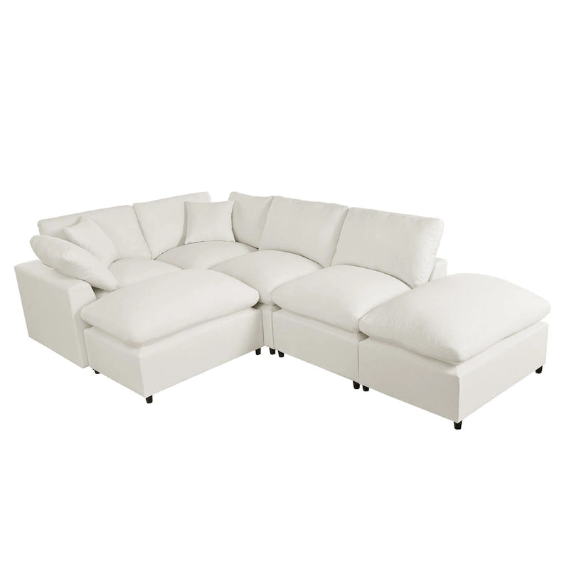 Beige 134.40 Modern U-Shaped 6 Seater Sectional Sofa with 2 Large Chaises, Removable Ottomans and Soft Cushions