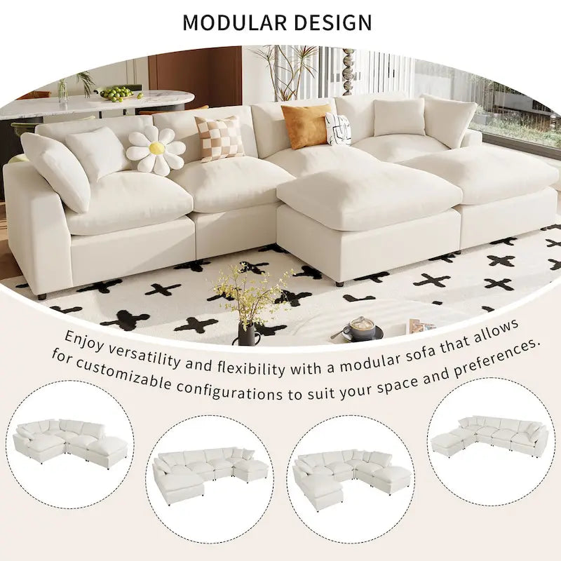 Beige 134.40 Modern U-Shaped 6 Seater Sectional Sofa with 2 Large Chaises, Removable Ottomans and Soft Cushions