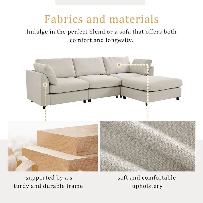 Beige 113 L-Shaped 4-Seat Sectional Sofa with Adjustable Footrest and Reversible Chaise